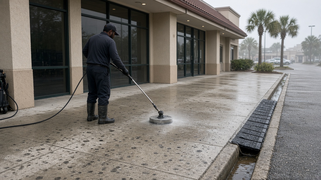 Storefront sidewalk being cleaned with a surface cleaner while a mat covers the curb drain