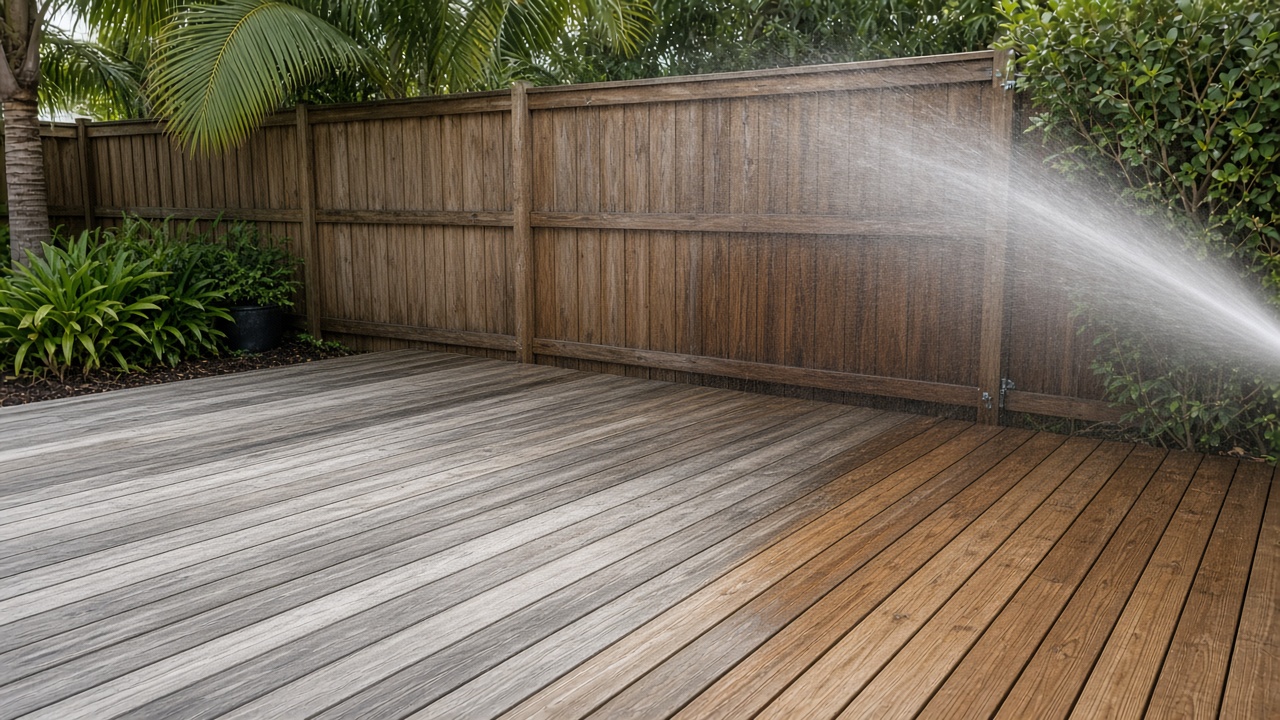 Wood deck and privacy fence being washed, gray weathered boards next to restored brown boards
