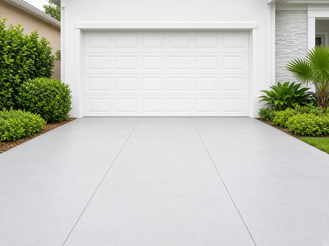 Clean light gray concrete driveway after surface cleaning