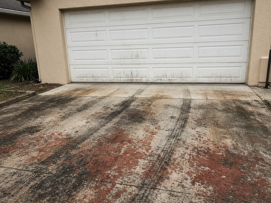 Dirty concrete driveway with dark mildew, red clay stains and tire marks