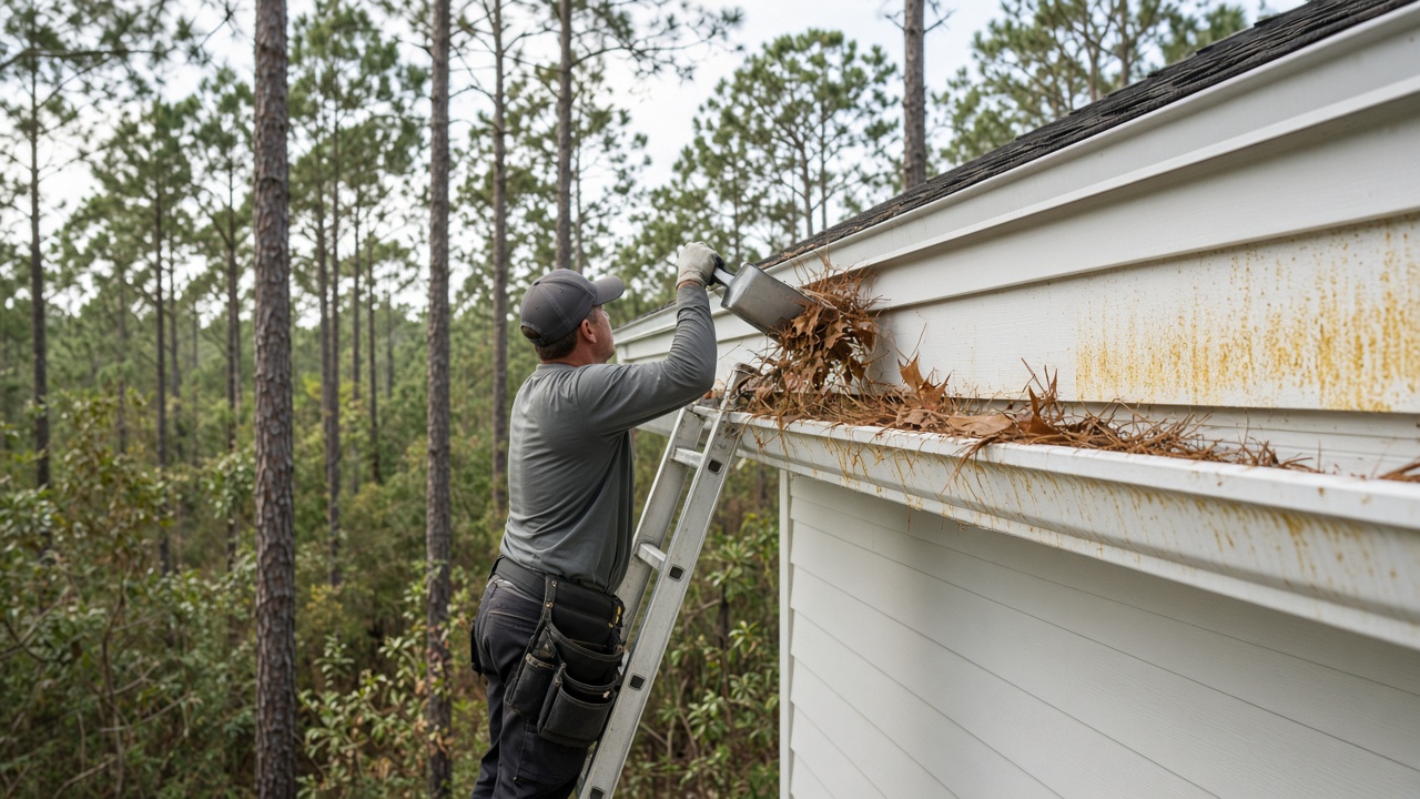 Worker on a ladder clearing pine needles and oak leaves from a gutter with pollen stains