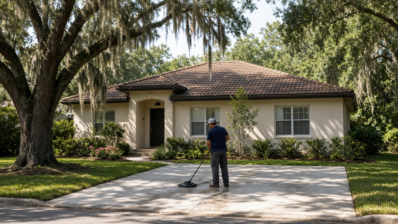 Technician cleaning a concrete driveway at a stucco home under live oaks with Spanish moss in Jacksonville, FL