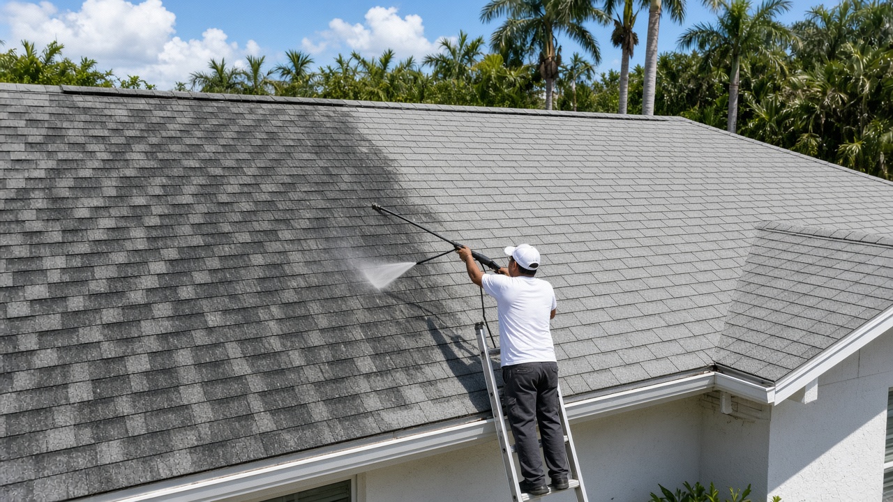 Roof half cleaned showing black algae streaks on one side and clean shingles on the other
