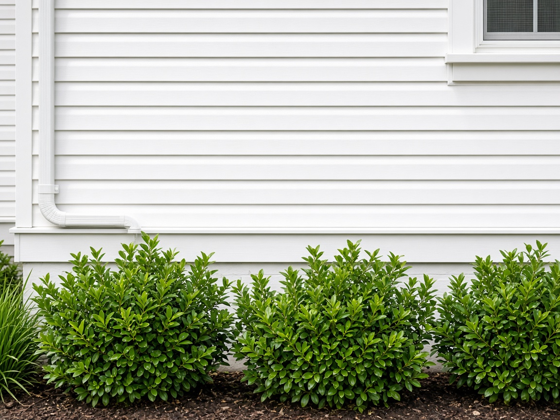 Clean white vinyl siding after a soft wash with healthy shrubs below