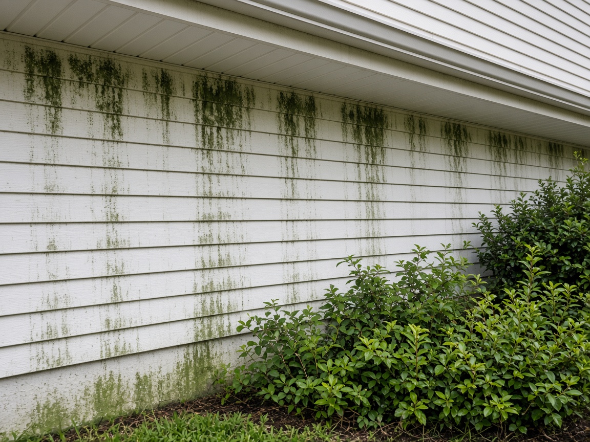 White vinyl siding streaked with green algae and black mildew under the eave