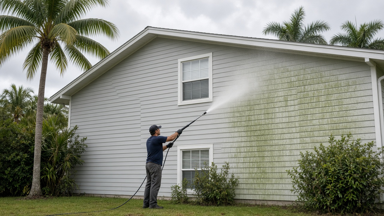 Soft washing green mildew off gray vinyl siding on a two story Jacksonville home